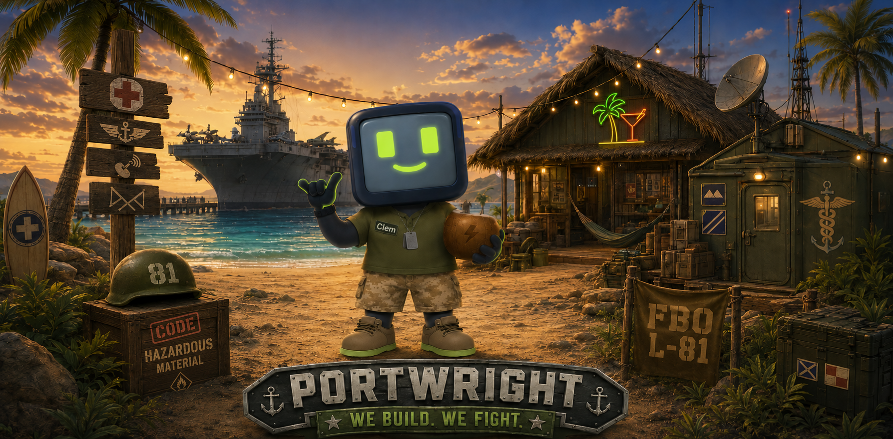 Clem, the Portwright operator mascot in Seabee fatigues, throwing a shaka on a beachhead home port — a Navy ship in the harbor, a 'Home Port · Built in Port · Proven at Sea' signpost, a tiki hooch, palms, and the Portwright 'We Build. We Fight.' emblem