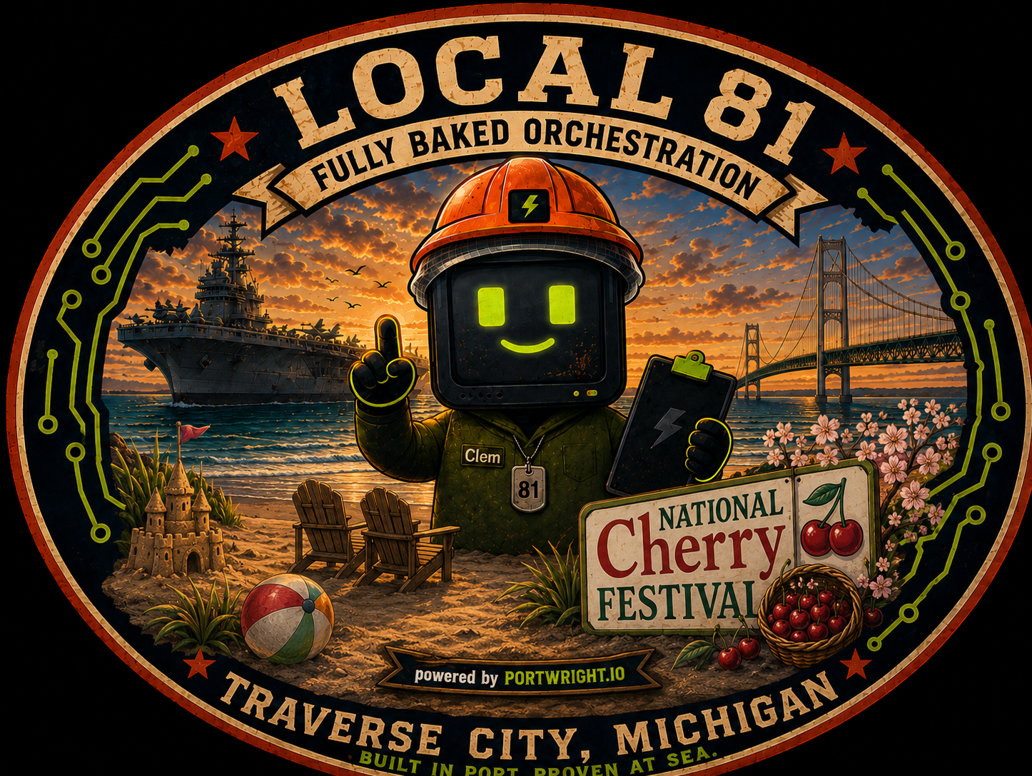 Local 81 — Fully Baked Orchestration. Clem the operator mascot on a Traverse City beachhead with a Navy ship and the Mackinac Bridge. Powered by Portwright.io — Built in Port, Proven at Sea.