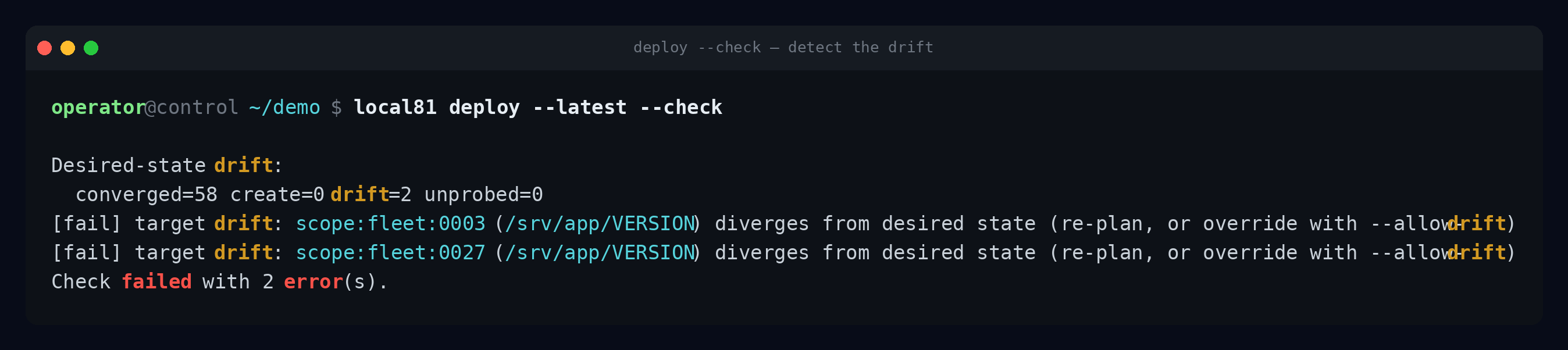 local81 deploy --check — drift detected on two hosts